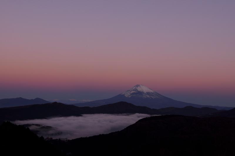 [ 静かな夜明け ]  ピンクと紫の空に浮かぶ富士山