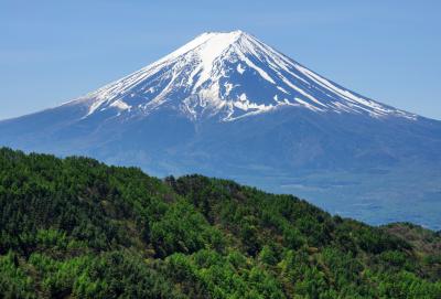 西川新倉林道からの新緑と富士山| 旧御坂峠から三つ峠山への登り口方面に進み、さらに林道を長く走り続けます。
富士山と河口湖の眺望が素晴らしい。