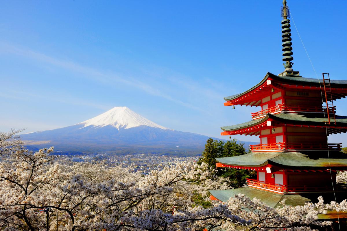 新倉山浅間公園の桜 撮影ガイド 赤い忠霊塔と富士山 富士吉田の街並み ピクスポット 絶景 風景写真 撮影スポット 撮影ガイド カメラの使い方