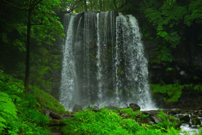 [ 唐沢の滝 ]  滝壺が浅い滝で、凄い水しぶきです。