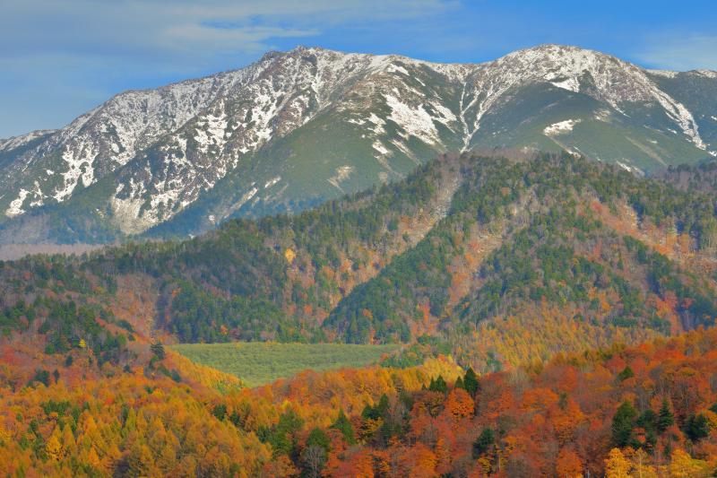 [ 冠雪した尾瀬の山々 ]  ならまた湖畔は燃えるような紅葉に包まれ、その奥には冠雪した雄大な尾瀬の峰々が見えます。