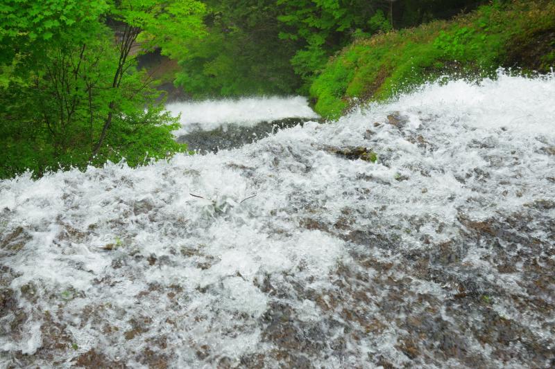 [ 落下 ]  湯滝の上からは滝壺の観瀑台を眺めることができます。上から見ると2段の滝のようになっています。