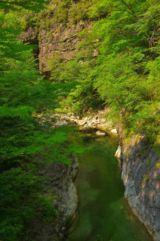 [ 庚申川と絶壁 ]  この辺りは深い谷になっており、山岳橋からは谷と絶壁の峡谷風景を味わうことができます。