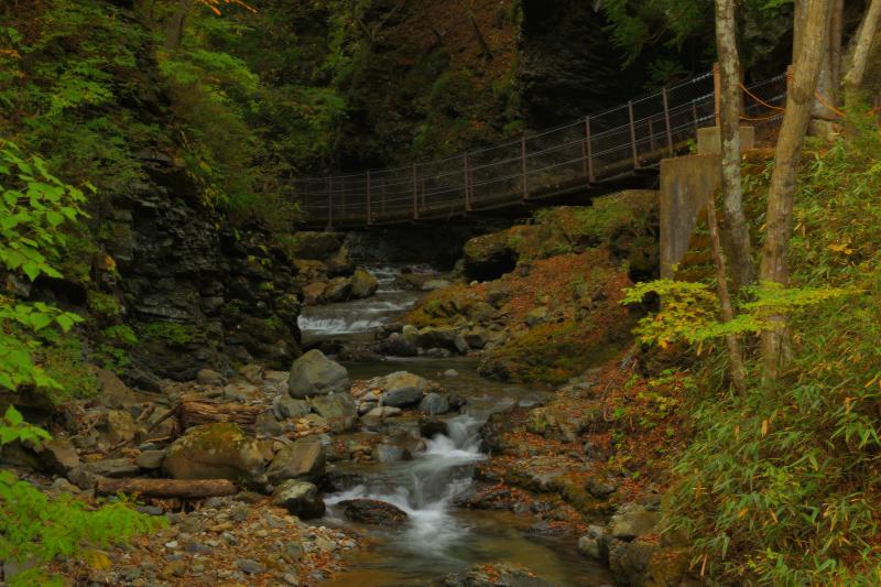 [ 竜化の滝・遊歩道の吊り橋 ]  静かな流れの先には吊り橋が架けられています。