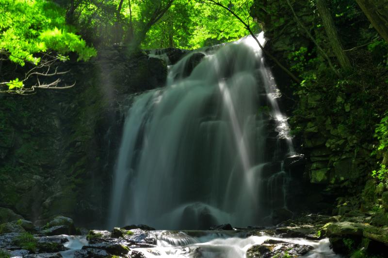 浅間大滝 光芒| 水量豊富な滝で、木漏れ日が差し込むと美しい光芒が現れます。