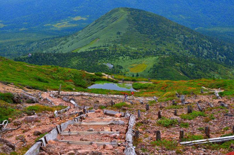 [ 天空の箱庭 ]  登山道の途中には池があり、その奥には八甲田連峰の大パノラマが広がっています。