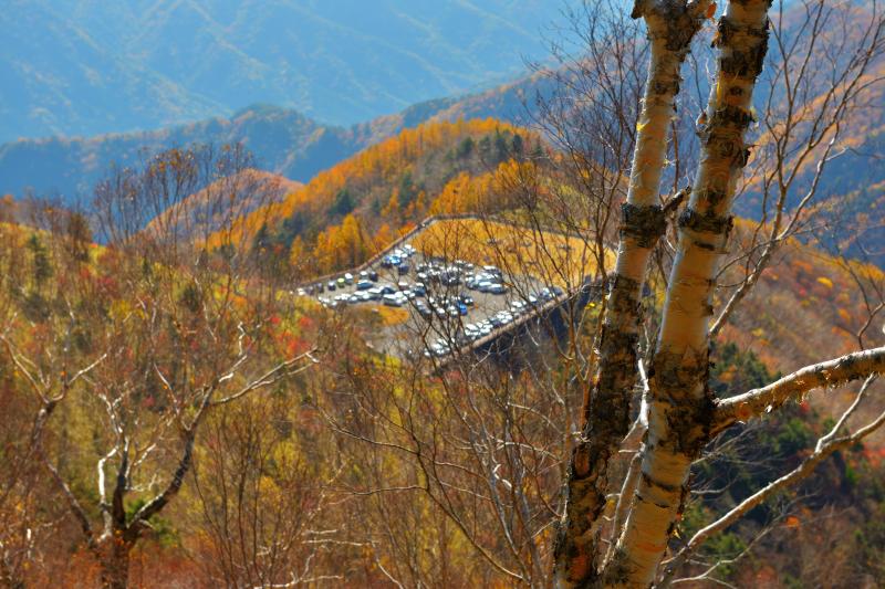 [ 展望台登山道から ]  半月山第二駐車場から中禅寺湖・男体山の見える展望台まで登ります。あっという間に駐車場が小さく見えるようになりました。