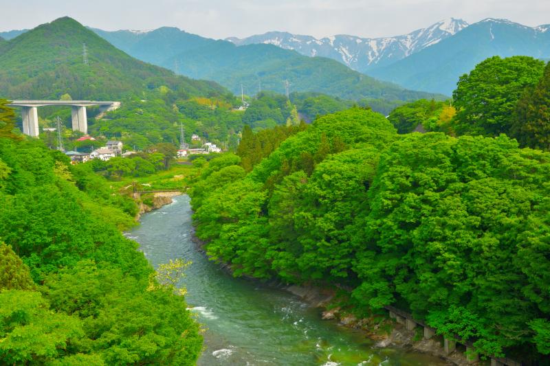 [ 新緑に包まれる利根川と残雪の谷川岳 ]  諏訪峡大橋からは利根川と谷川岳を一望できます。諏訪峡には遊歩道が整備されており、道の駅から気軽に散策を楽しむことができます。