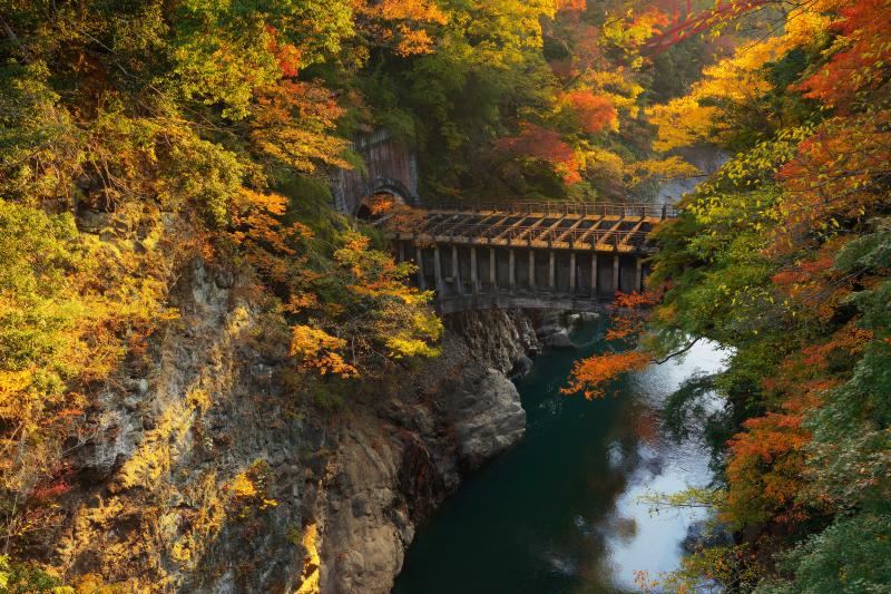 [ 猿橋からの眺望 ]  古い水道橋と奥には赤い新しい橋が。橋を通して時代を感じることができる場所。