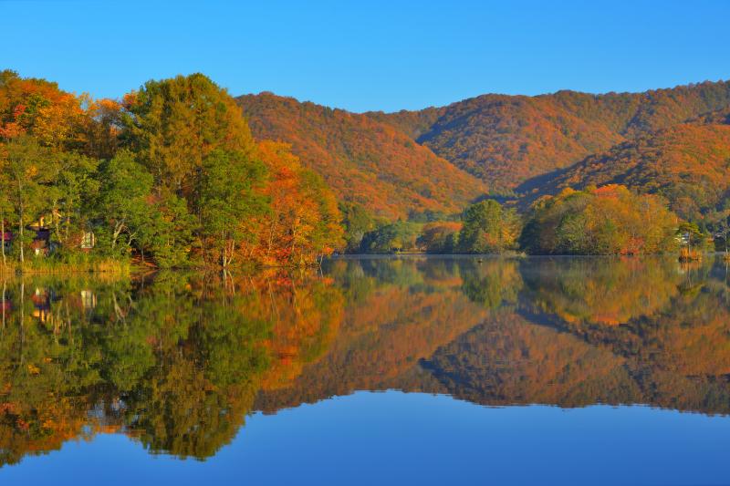 [ 紅葉水鏡 ]  風の無い早朝、紅葉の山々が湖に綺麗に映り込みました。