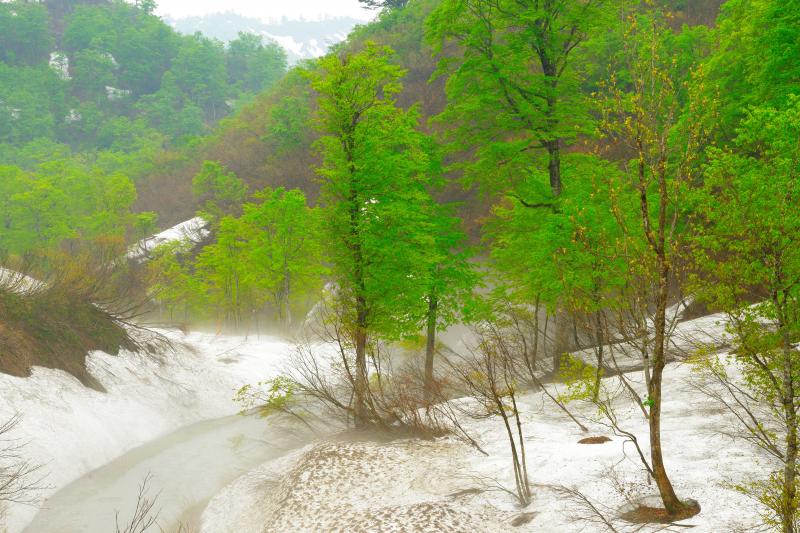 [ 春待ち川 ]  カーブする川の流れと左右から川へと向かう山の斜面の交差。立体感と奥行きの出る撮影ポイント。