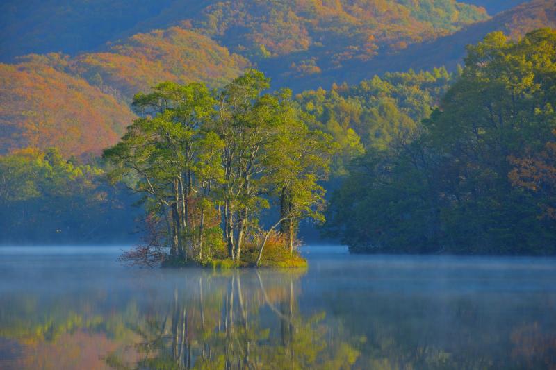 [ 紅葉浮島 ]  湖の周辺の山は紅葉が進んできました。曽原湖の浮島は形がよく美しいです。