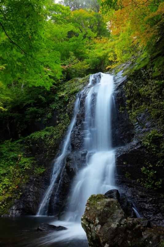 [ 王滝 ]  宇津江四十八滝最大の大滝。初秋の風景。白い布のような美しい流れ。