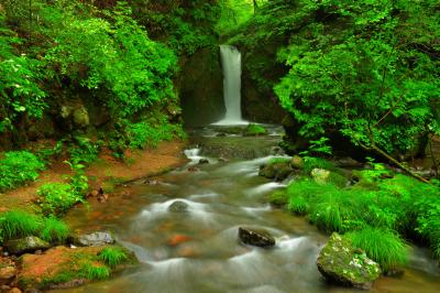 滝の下はなだらかな渓流になっており、岩にぶつかる水が美しい。