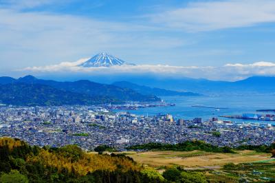 春の清水港と富士山| 新緑と海のブルーが綺麗でした。海と街と富士山の組み合わせが素敵です。
