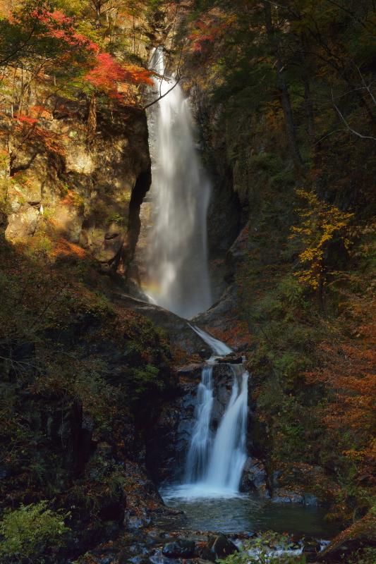 [ 紅葉の大滝 ]  斜光が入り、少しだけ虹が出ました。渓谷全体が美しい紅葉に包まれていました。