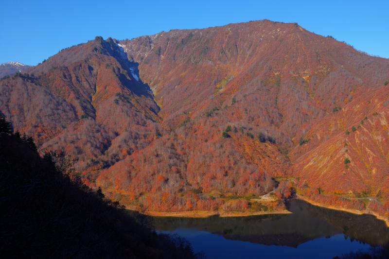 [ 紅葉で染まる山 ]  樹海ラインの高台から奥只見湖と対岸の山を望む。全山紅葉で山全体が色付いていました。