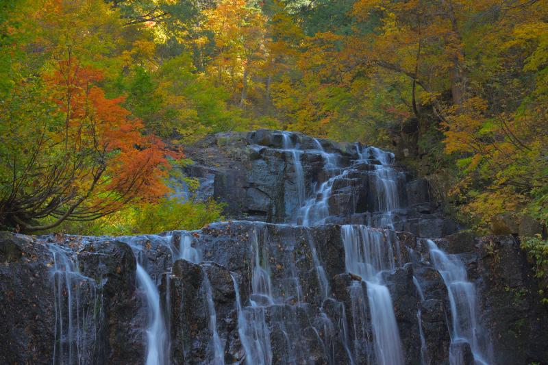 [ 錦秋 二の滝 ]  紅葉に囲まれた岩から複雑に流れ落ちる水。滝つぼまで寄って撮影することができます。