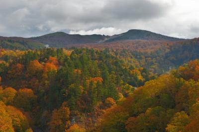 紅葉の先には八幡平の荒々しい火山の姿を見ることができます。