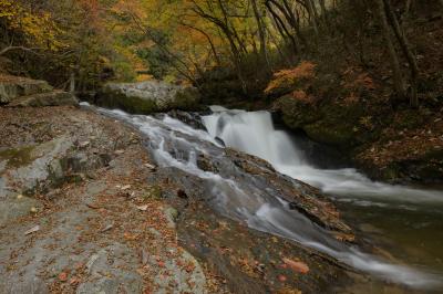 青葉の滝は岩を滑るように水が流れ落ちていました。