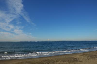 長い砂浜と青い海。遥か彼方には雪を被った富士山の姿が見えました。