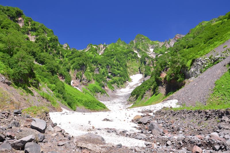 [ 大空沢 ]  旧登山道のある鬼脇の大空沢。利尻岳の複雑で荒々しい地形が際立つ。雪渓と新緑の美しい沢。
