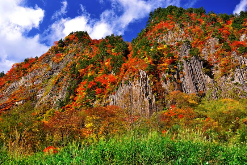 布岩| 屋敷付近の道路上から見た布岩。青い空と秋の紅葉が柱状節理の独特な岩肌を際立たせていました。屋敷一帯からは苗場山の雄大な眺めを見ることもできます。