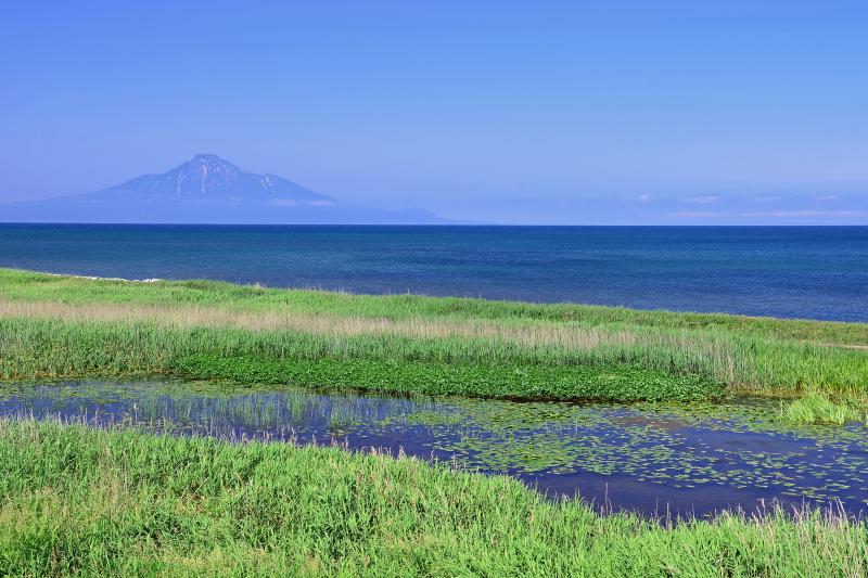 [ コウホネ沼と利尻富士 ]  コウホネ沼と利尻島。天塩から稚内にかけての県道１０６号線は遮るものが無く、ずっと海に浮かぶ利尻を見て走れる好景観道路。　　　