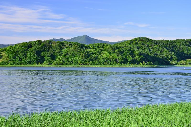 [ 久種湖と礼文岳。　 ]  久種湖から見た礼文岳。　初夏の新緑と湖面から吹いてくるそよ風に心が和みました。