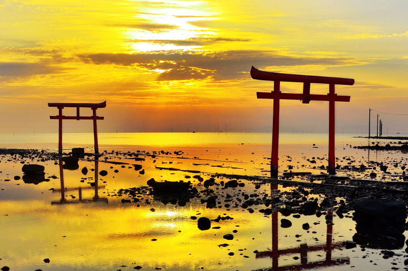 [ 大魚神社 ]  鳥居越しに見る朝焼け