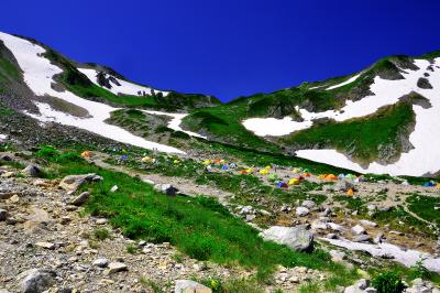 初夏の剣沢| 剣御前から登山道を下ると剣沢に着きます。美しい残雪と緑の中、色とりどりのテントが高原に咲く花のようでした。