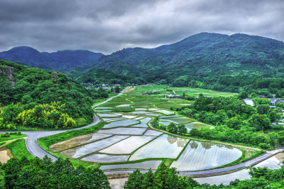 完全に水張りを終えた田染の情景