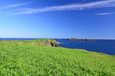 礼文島スコトン岬| 礼文島最北端に位置するスコトン岬とトド島。初夏のすがすがしい空気に包まれた新緑と海の青が印象的でした。