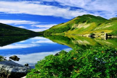 標高2,300m空・雲・緑を映す神秘的な白馬大池。主な登山道はふたつ。長野県側は標高1,900mの「栂池自然園」より3時間ほど。新潟県側は標高1,500mの「蓮華温泉」から約3時間の行程。