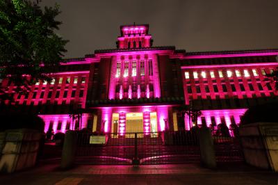 神奈川県庁本庁舎のピンクライトアップ。昭和初期に建築された重厚感のある建物です。