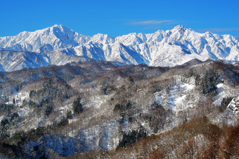 [ 信州 小川村 冬景色 ]  左が鹿島槍ヶ岳 右が五竜岳 両山とも日本百名山に選定。鹿島槍ヶ岳は南峰と北峰、ふたつの山頂を持つ双耳峰。五竜岳には武田菱と呼ばれる雪形が見えます。