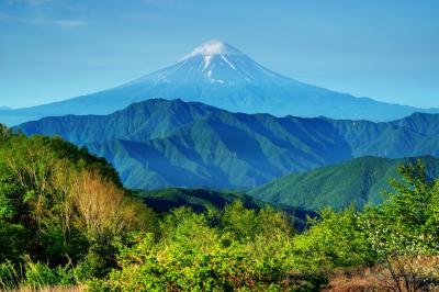 左右の稜線のバランスが美しい、新緑に映える富士山。