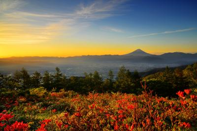 朝焼け空に浮かぶ富士山| 甲府盆地を見守るように聳える富士山。広大な風景にも負けない存在感。
