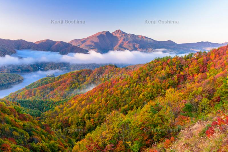紅葉と雲海 輝く磐梯山| 